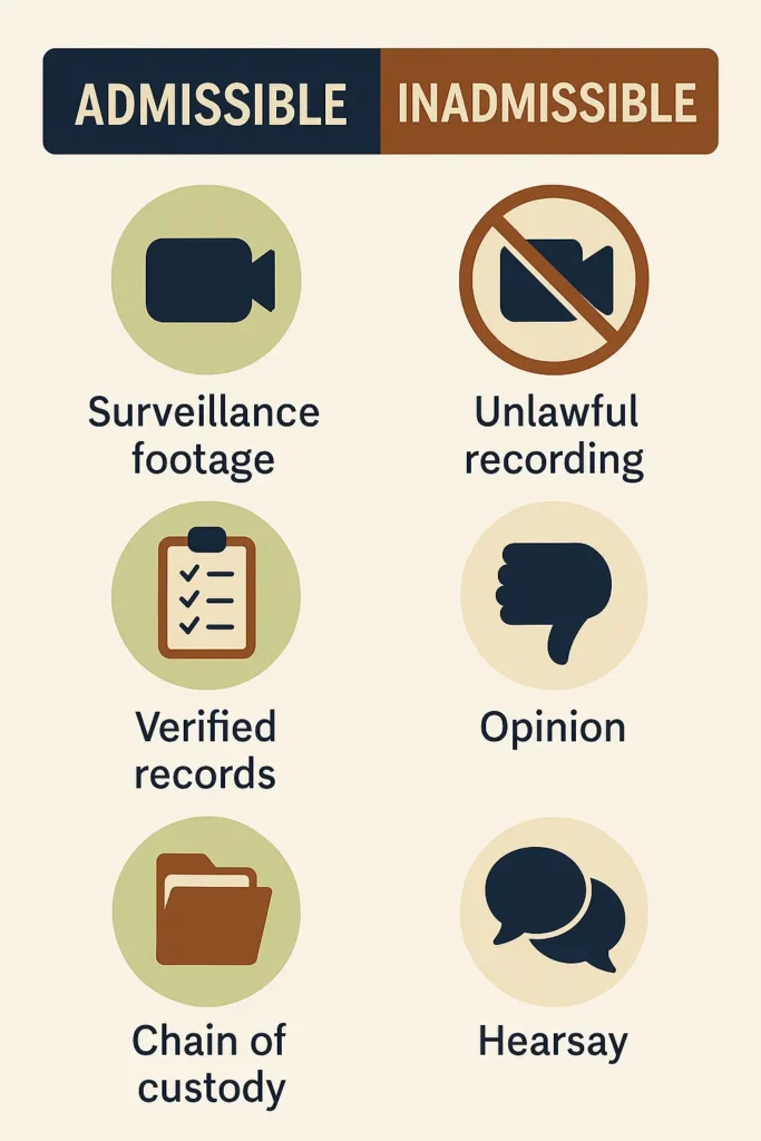 Infographic comparing admissible and inadmissible evidence in Phoenix legal investigations, showing examples like surveillance footage, verified records, and chain of custody versus unlawful recordings, opinions, and hearsay.
