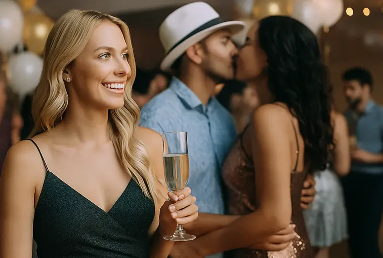 Woman holding a glass of champagne smiles while a couple kisses in the background at a party, suggesting possible infidelity at a bachelorette event.