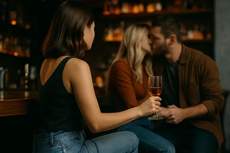 Woman holding a glass of wine at a bar watches a couple kiss in the background, depicting suspected infidelity during a night out.
