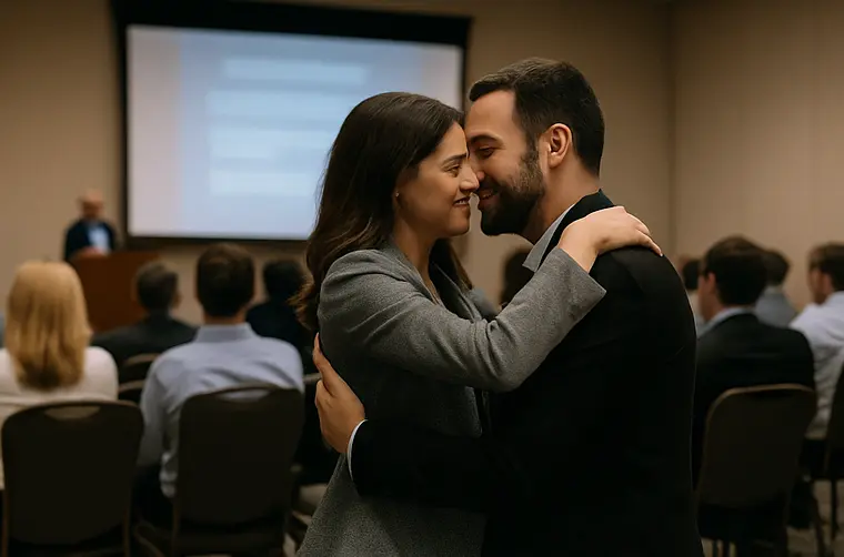 Man and woman embracing during a professional conference while attendees listen to a presentation, suggesting possible infidelity at a business event.