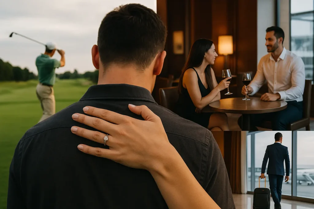 A composite photo showing a man embracing his fiance while another man golfs, a couple having wine at a hotel bar, and a businessman walking through an airport with luggage.