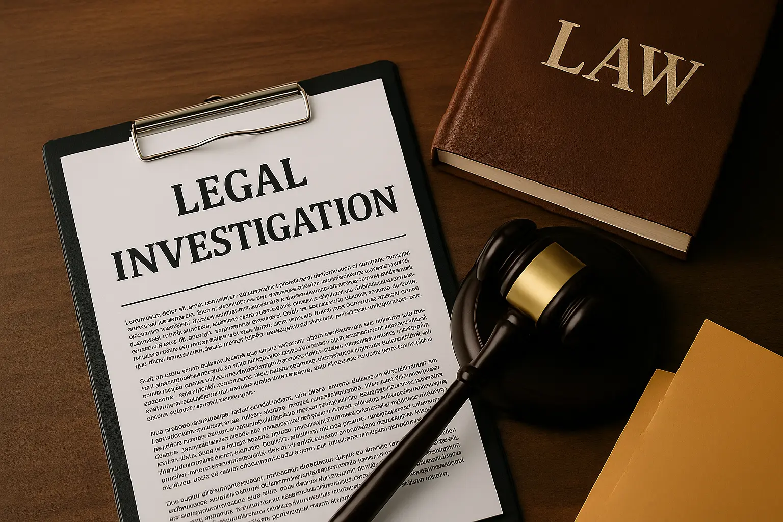 Legal investigation service documents with gavel and law book on a desk, representing how Urban Spy supports Phoenix attorneys with admissible evidence.