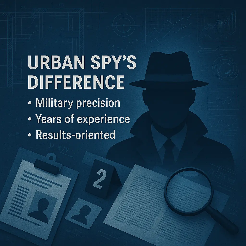 Illustration of a spy silhouette with investigation tools, representing Urban Spy’s difference in Phoenix with military precision, years of experience, and a results-oriented culture.