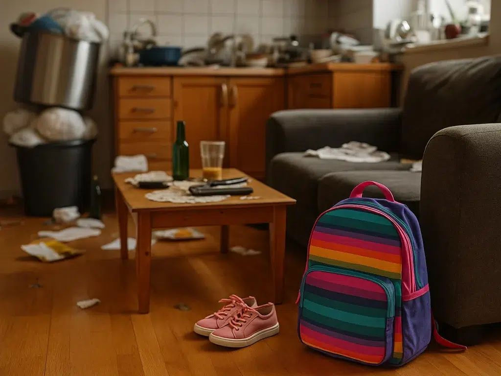 Cluttered home interior in Phoenix, Arizona, showing a child’s backpack and shoes—used to support private investigation into unsafe living conditions during custody disputes.